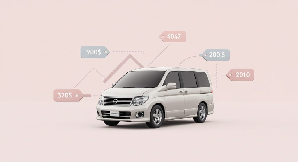 エルグランドE52の中古価格とリセールバリューの違いを表した抽象的イラスト