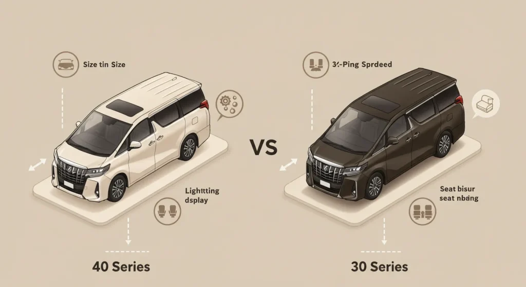 Top-down view of two Toyota Alphard minivans labeled 40 Series and 30 Series, with icons comparing size, lighting, and seating on a soft beige abstract background.
