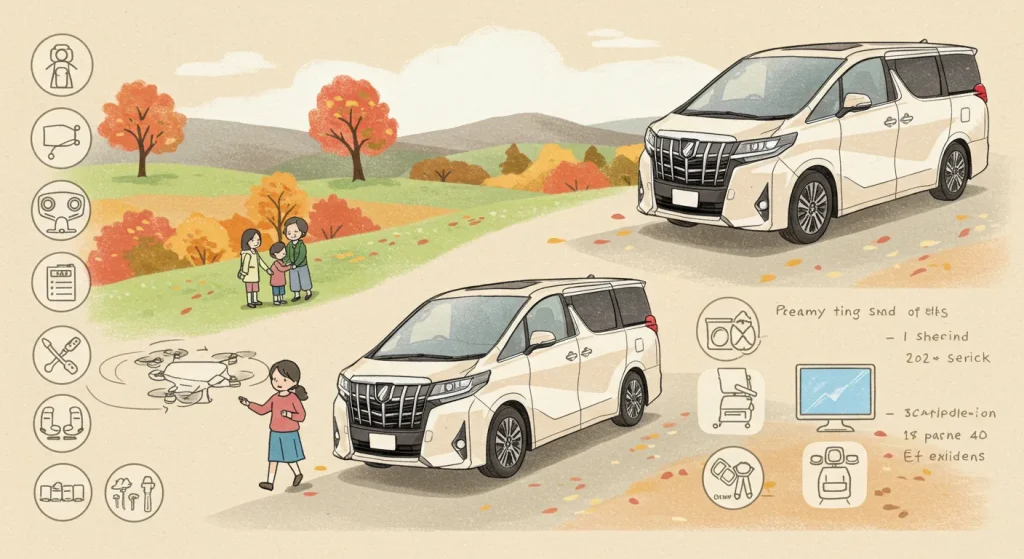 Toyota Alphard 40 Series shown in various perspectives—front, rear, low-angle, and aerial—emphasizing luxury, space, and family lifestyle in a warm, illustrative style.