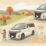 Toyota Alphard 40 Series shown in various perspectives—front, rear, low-angle, and aerial—emphasizing luxury, space, and family lifestyle in a warm, illustrative style.