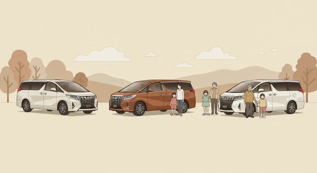 Three Toyota Alphard minivans with different family types: solo use, nuclear family, and multi-generational family, illustrated in warm beige tones.