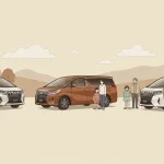 Three Toyota Alphard minivans with different family types: solo use, nuclear family, and multi-generational family, illustrated in warm beige tones.