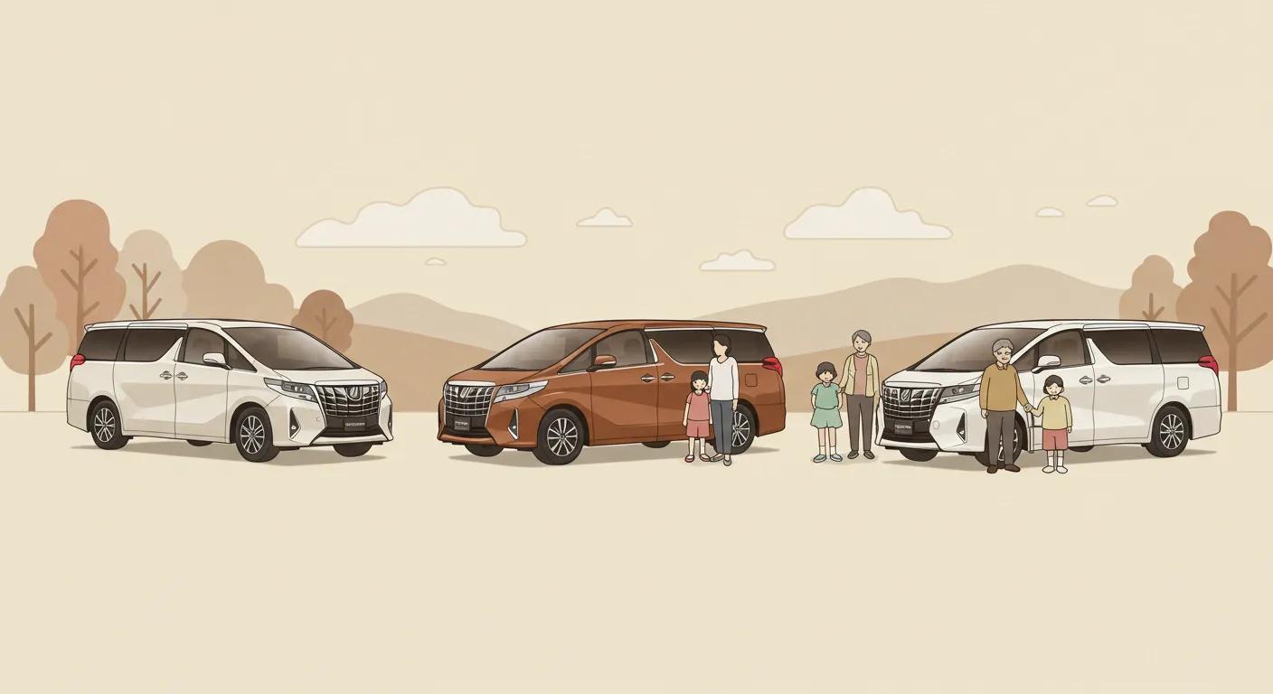 Three Toyota Alphard minivans with different family types: solo use, nuclear family, and multi-generational family, illustrated in warm beige tones.
