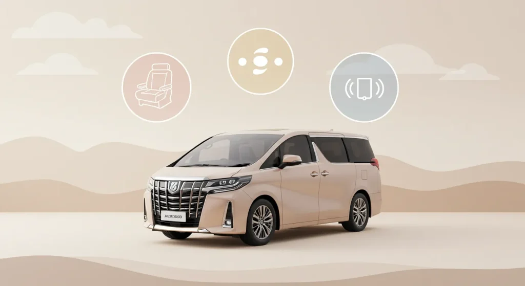 Toyota Alphard Executive Lounge illustrated with icons for luxury seat, ambient lighting, and sound system on a warm beige abstract background.