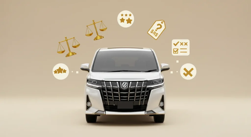 Front view of Toyota Alphard Executive Lounge with icons representing price, satisfaction, decision making, and value, on a soft beige abstract background.
