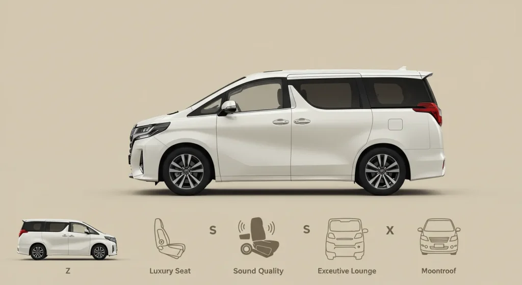 Side-view of Toyota Alphard Executive Lounge with icons highlighting luxury features, compared visually to faded Z, S, and X models on a beige background.