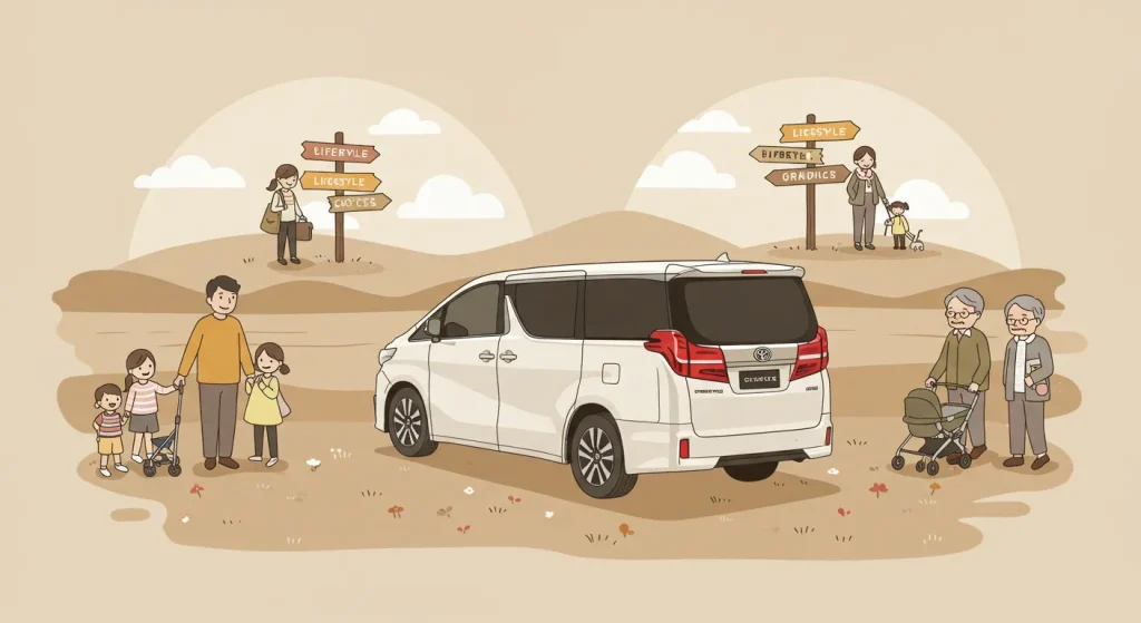 Rear-side view of a Toyota Alphard with different family types—young parents, elderly grandparents, and a small family—standing nearby, in a calm beige-toned abstract setting.