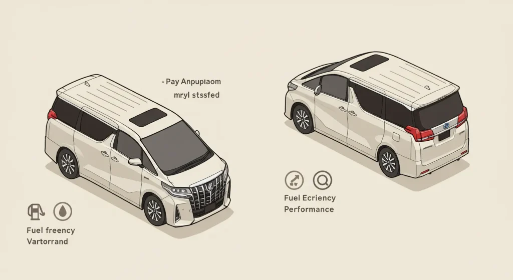 アルファードのハイブリッド車とガソリン車を斜めアングルで比較したイラスト。燃費と走行性能を象徴するアイコン付き。