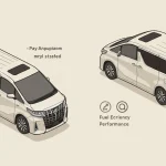 アルファードのハイブリッド車とガソリン車を斜めアングルで比較したイラスト。燃費と走行性能を象徴するアイコン付き。