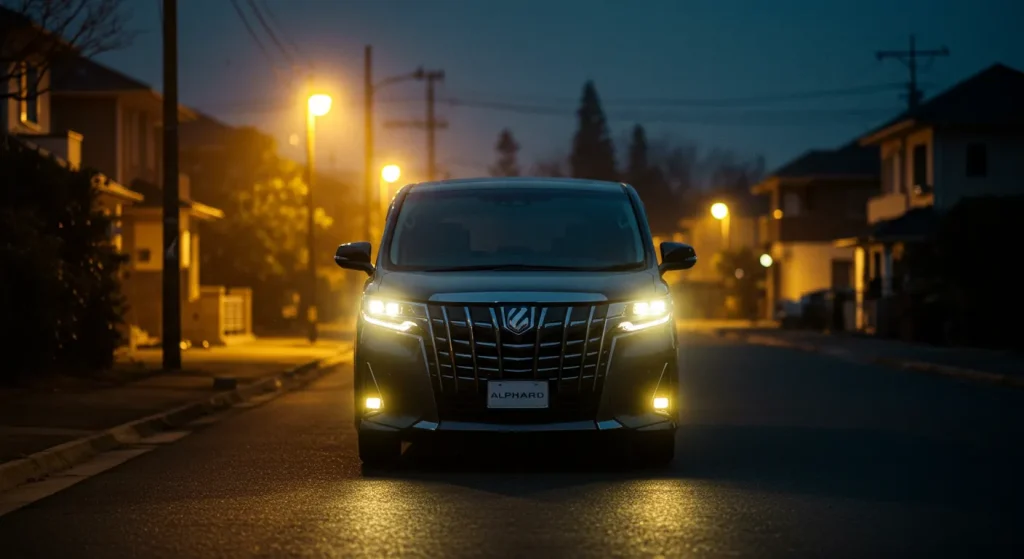 アルファードのハイブリッド車とガソリン車を斜めアングルで比較したイラスト。燃費と走行性能を象徴するアイコン付き。