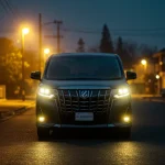アルファードのハイブリッド車とガソリン車を斜めアングルで比較したイラスト。燃費と走行性能を象徴するアイコン付き。